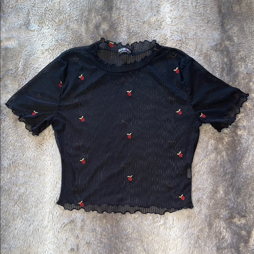 Fashionnova Sheer Black Crop Top w/Roses 🌹 - Picture 1 of 4